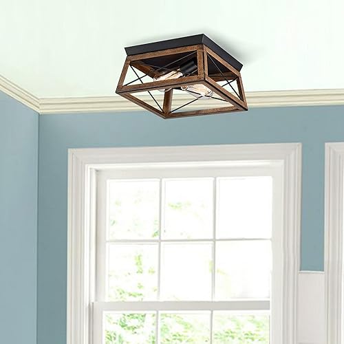 Miniatura 41 de 2-Light Farmhouse Flush Mount Ceiling Light Fixture with Bronze Wood Grain Vintage Industrial Ceiling Mount Cage Light for Closet Hallway Entryway
