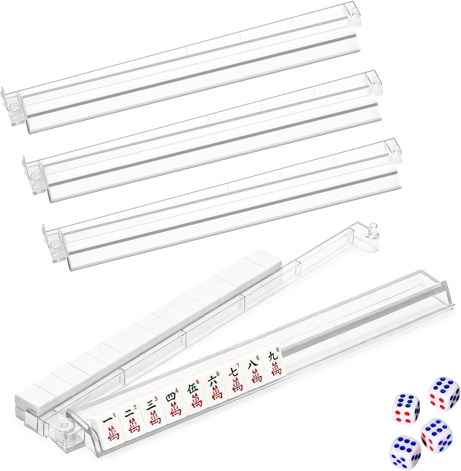 Mahjong Racks with Pushers & 4 Dice, 4-Piece Acrylic Tile Rack Set, Modern American Majiang All-in-One Game Accessories​ (Transparent)