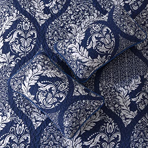 Navy Quilt Set King Size, Boho Damask Bedspread Coverlet Set Soft Lightweight Luxury Classical Bedding Set 3 Pieces For All Season (104"X90") #TOP6