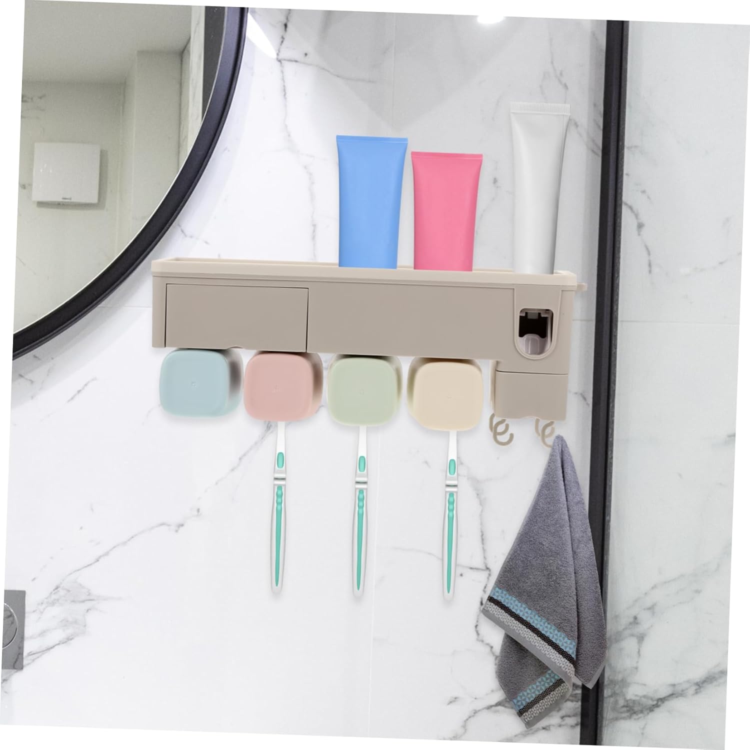 Sosoport Wall-Mounted Toothpaste Dispenser Set Toothbrush Holder Adhesive Toothbrush Rack Stainless Steel Automatic Toothpaste Squeezer for Bathroom Organizer