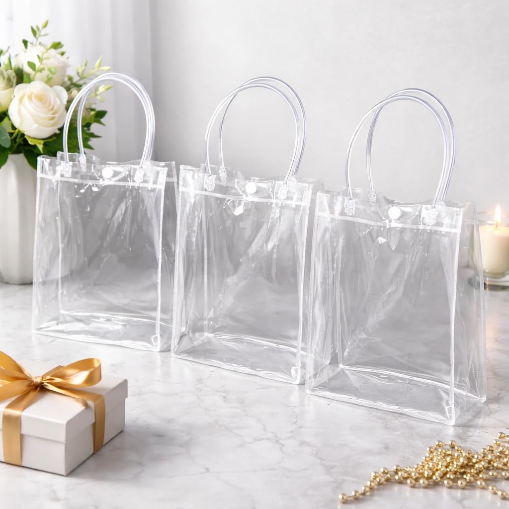 6 Pcs Transparent Bag with Handle | Medium Size Goodie Gift Bags for Wedding, Birthday, Festival, Party, Shopping, Hampers, Return Gifting (25.5x24x8 cm, Pack of 6)