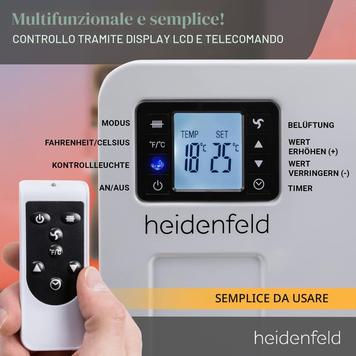 Heidenfeld Riscaldatore Elettrico a Convezione EK100 | 2300 Watt - Telecomando - Timer - Display LCD - Radiatore - Stufa Elettrica - Riscaldamento Elettrico