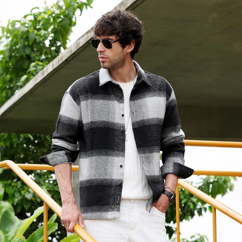 Image of CAHOOT MenShirt | Spread Collar, Long Single-Button Cuff Sleeves | Button, Straight Hem | Plaid Twill | Woven Fabric for Casual Coin Grey:Midnight Black