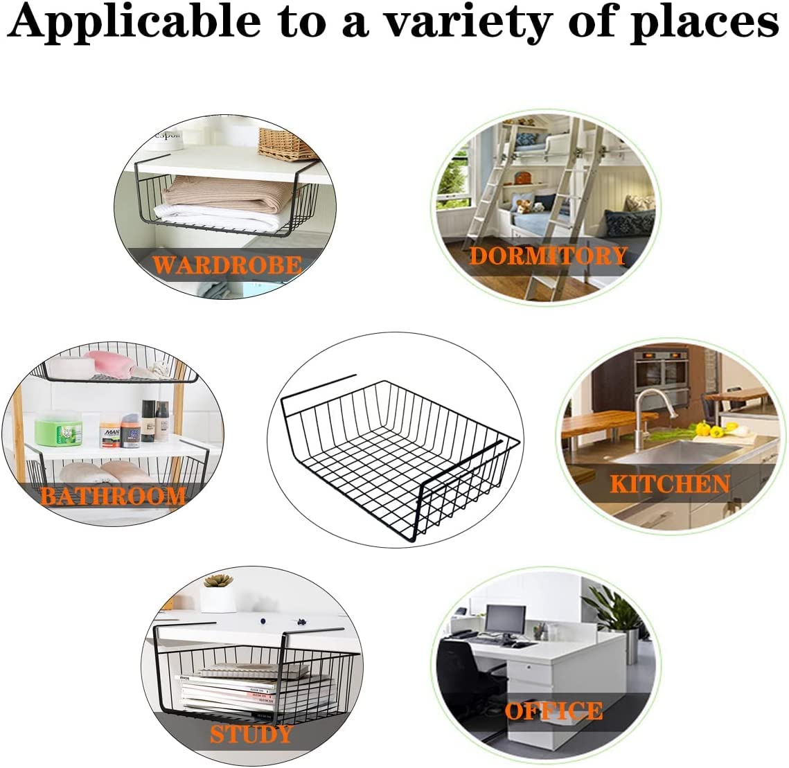6 Cestini A Griglia In Metallo Con Ganci – 23x10x7,5 Cm – Organizer Da Parete Per Cucina, Bagno, Ufficio – Colore Nero