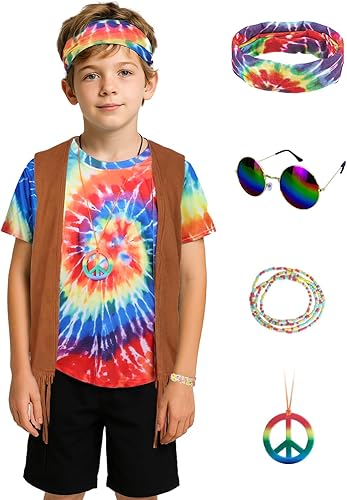 Disfraz hippie para hombre, trajes de los años 60 y 70 para hombre, conjunto de camisa de teñido anudado con flecos, chaleco de carnaval, peluca con