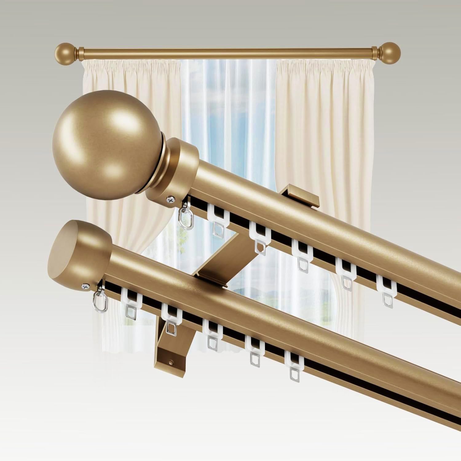 Double Curtain Rods Tracks for Windows, Heavy Duty Slilent Drapery Rod rails with Aluminum Alloy Brackets, Modern Decorative Drapery Pole with Finial for Living Room Bedroom Window (Gold, 122in/3.1m)