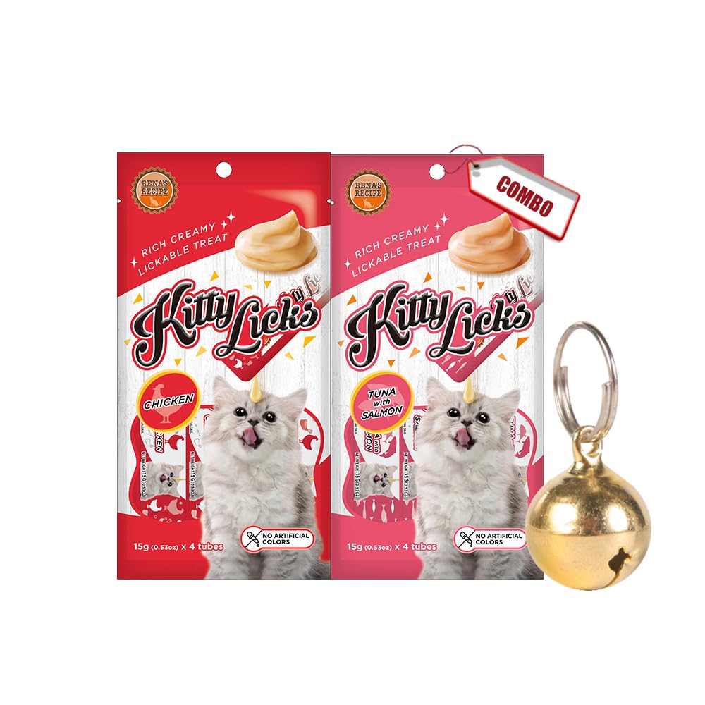 Combo of Kitty Licks Tuna & Salmon Flavor Cat Treats, (15g X 4 Tubes) and Kitty Licks Chicken Flavor Creamy Lickable Cat Treats, (15g X 4 Tubes) and Bell for Cat Collar (B0CMTTF1M2) Amazon Price History, Amazon Price Tracker