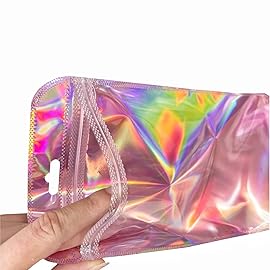 100pcs Resealable Holographic Packaging Bags for Small Business,Clear Window Ziplock Packaging for Candy Party Favor,Resealable Zipper Bag 2.36x7.28