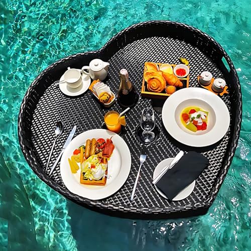 Prettiee Floating Serving Tray for Pool Jacuzzi & Beach Rattan Weave Design for Drin & Food Perfect for Summer Gatherings and Outdoor Entertaining (Negro C)