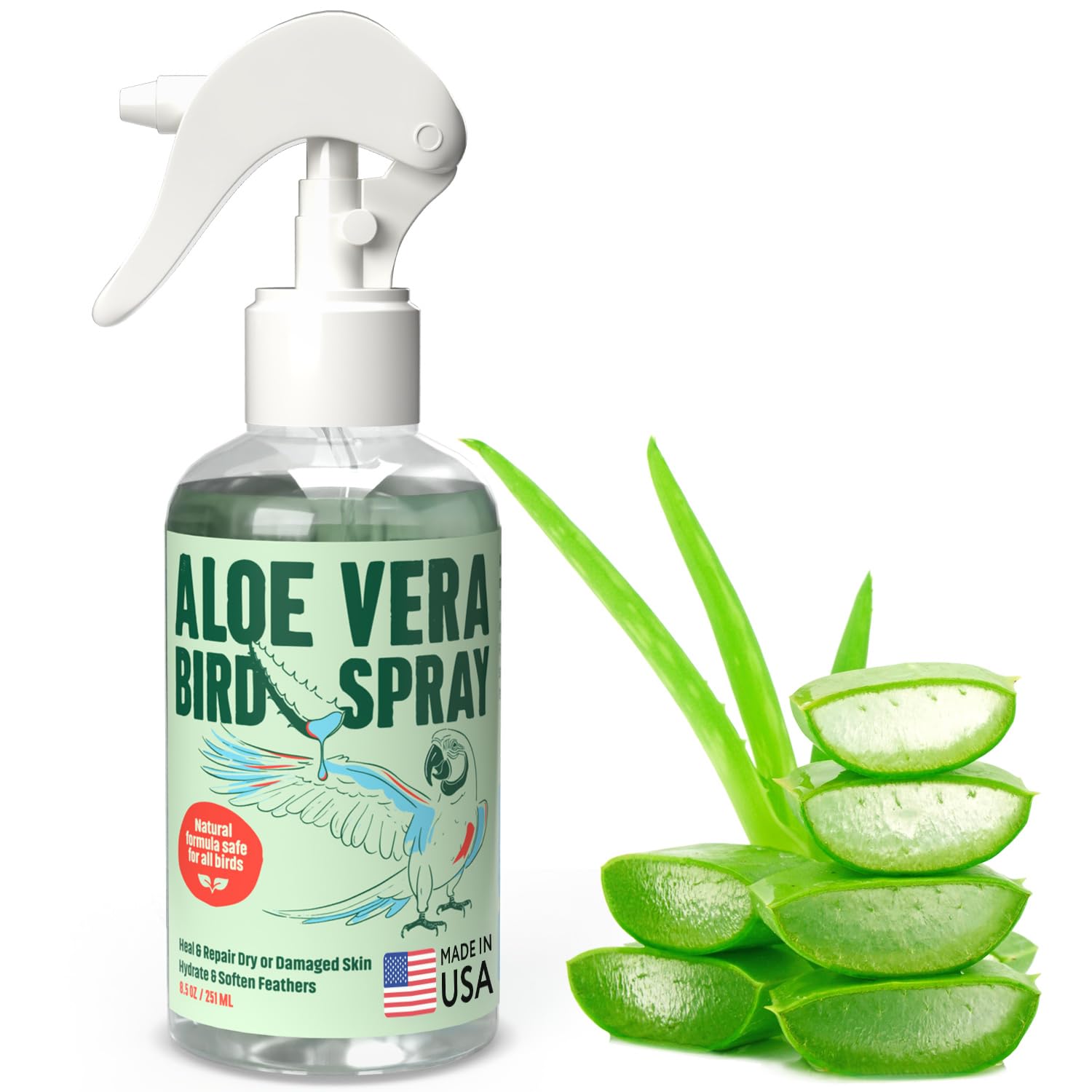Samorillo Aloe Vera Bird Spray - 8.5oz/251mL - Non-Toxic Bird Bath Relieves Dry/Itchy Skin & Softens Feathers - Made in USA - Safe & Effective for All Birds - Promote Healthy Plumage - Odor-Free