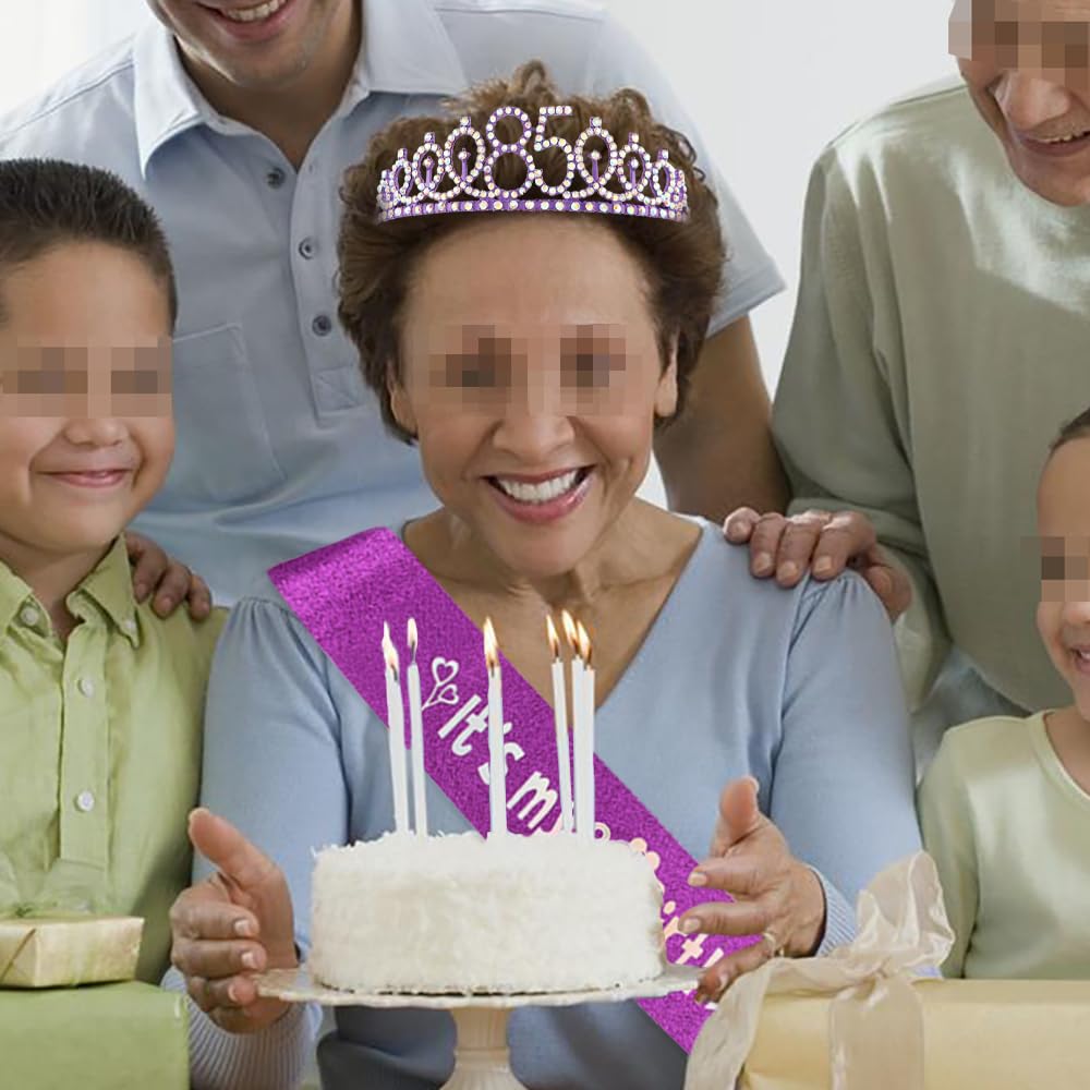 Huture Cerchietti per capelli con strass e corona da principessa, numero 85, palloncini ad elio, palloncini in lattice viola, decorazione per 85 anni, decorazione per feste di compleanno per donne di
