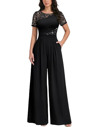 Miusol Women's Elegant Sequin Lace Wide Leg Formal Jumpsuit With