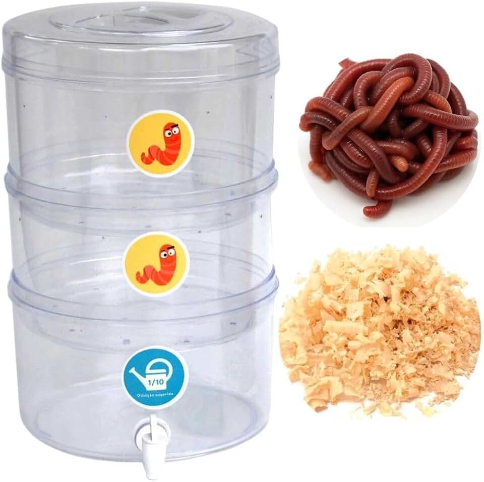 Composteira Ecopedagógica Transparente, 12L, 3 Compartimentos com Minhocas e Serragem, Sistema Educativo de Compostagem, 26,5x37cm