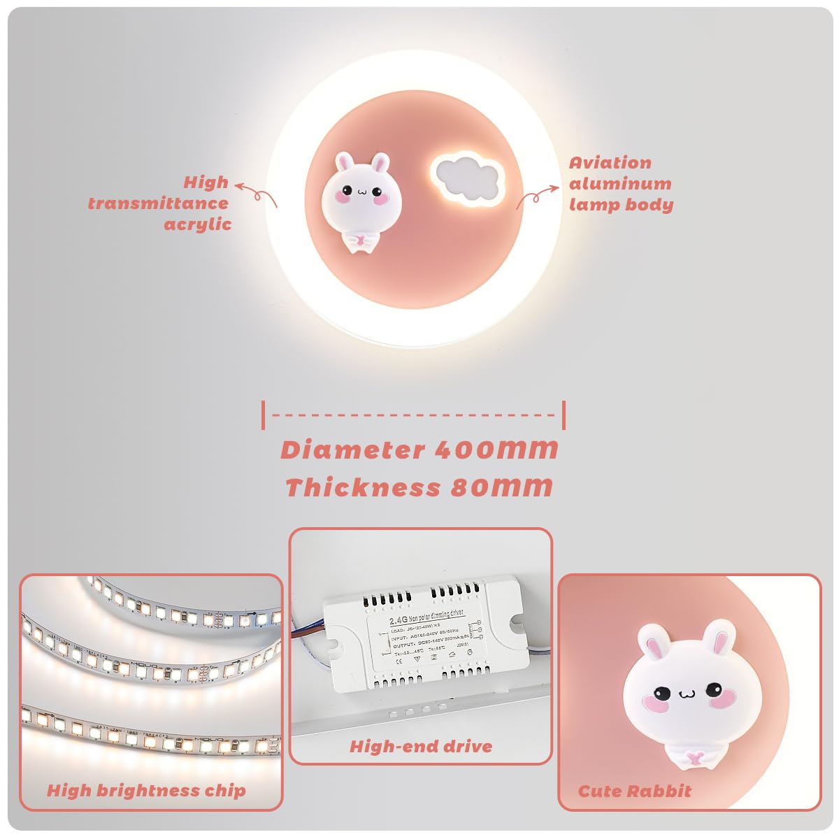 LED Kinder Deckenlampe Hase Wolke Kinderzimmer Lampe Decke, Dimmbar Deckenleuchte mit Fernbedienung, Mädchen Zimmer Licht Schlafzimmer Decke Kindergarten Beleuchtung, Nachtlicht Funktion (40cm Rosa)