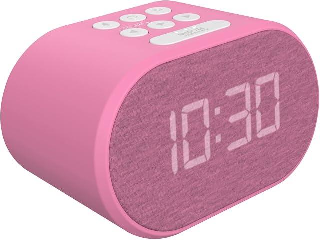 i-box Alarm Clock Bedside Non Ticking LED Backlit Alarm Clock with USB Charger & FM Radio, 5 Step Dimmable Display - Mains Powered with Battery Backup (Pink)