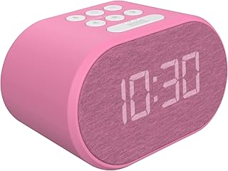 i-box Alarm Clocks Bedside, Radio Alarm Clock, Mains Powered or Battery, FM Radio, USB Charging Port, 5 Step Dimmable Display, Non Ticking, LED Display (Pink)