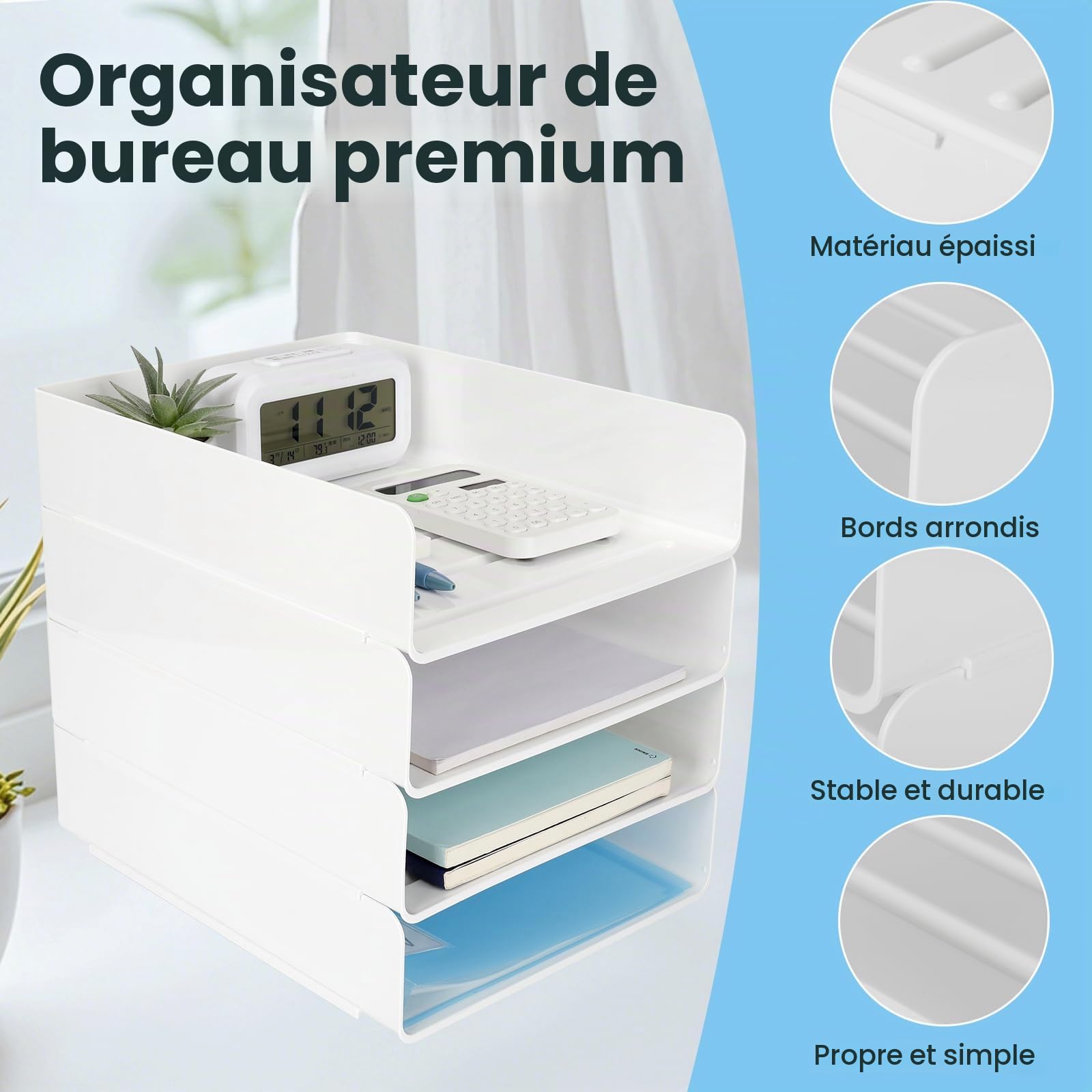 Lot de 4 Corbeille a Courrier Empilable - Bac a Courrier A4 en Plastique Pet Blanc - Rangement Bureau Organisateur - Banette Bureau