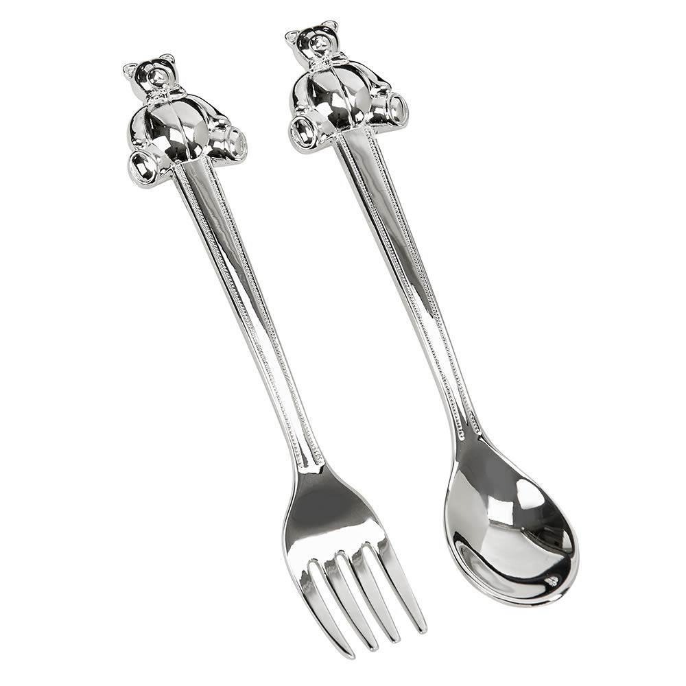 Creative Gifts International Silverplated Baby's First Fork and Spoon Set, Teddy Bear Emblem, Gift Box Included