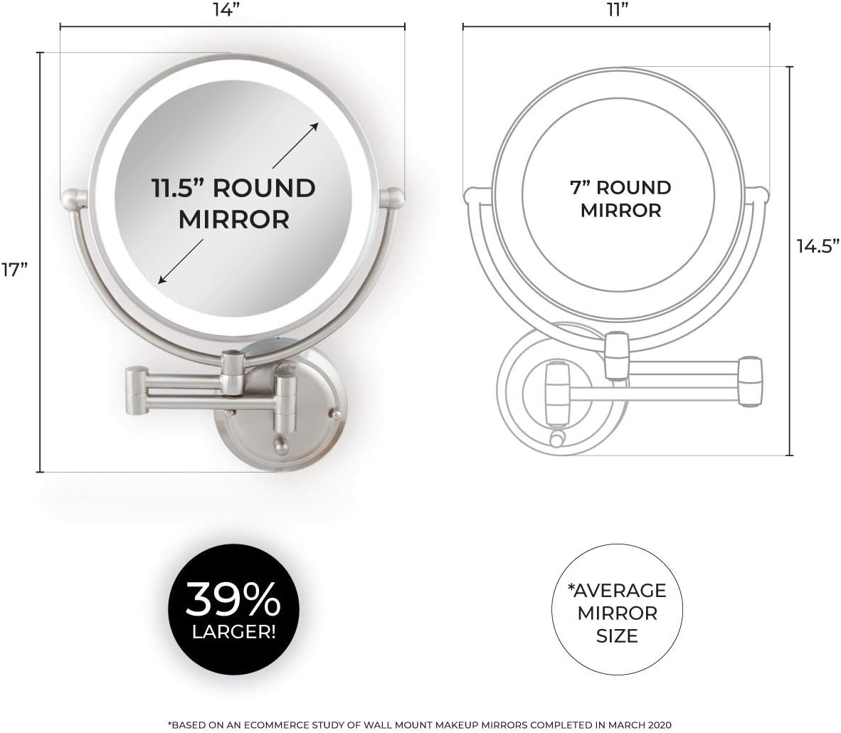 Zadro 5X Flurescent Surround Glamour Mirror Round Double Sided Dual Arm Hard Wire Ready, Satin Nickel, 14 inches : Home & Kitchen