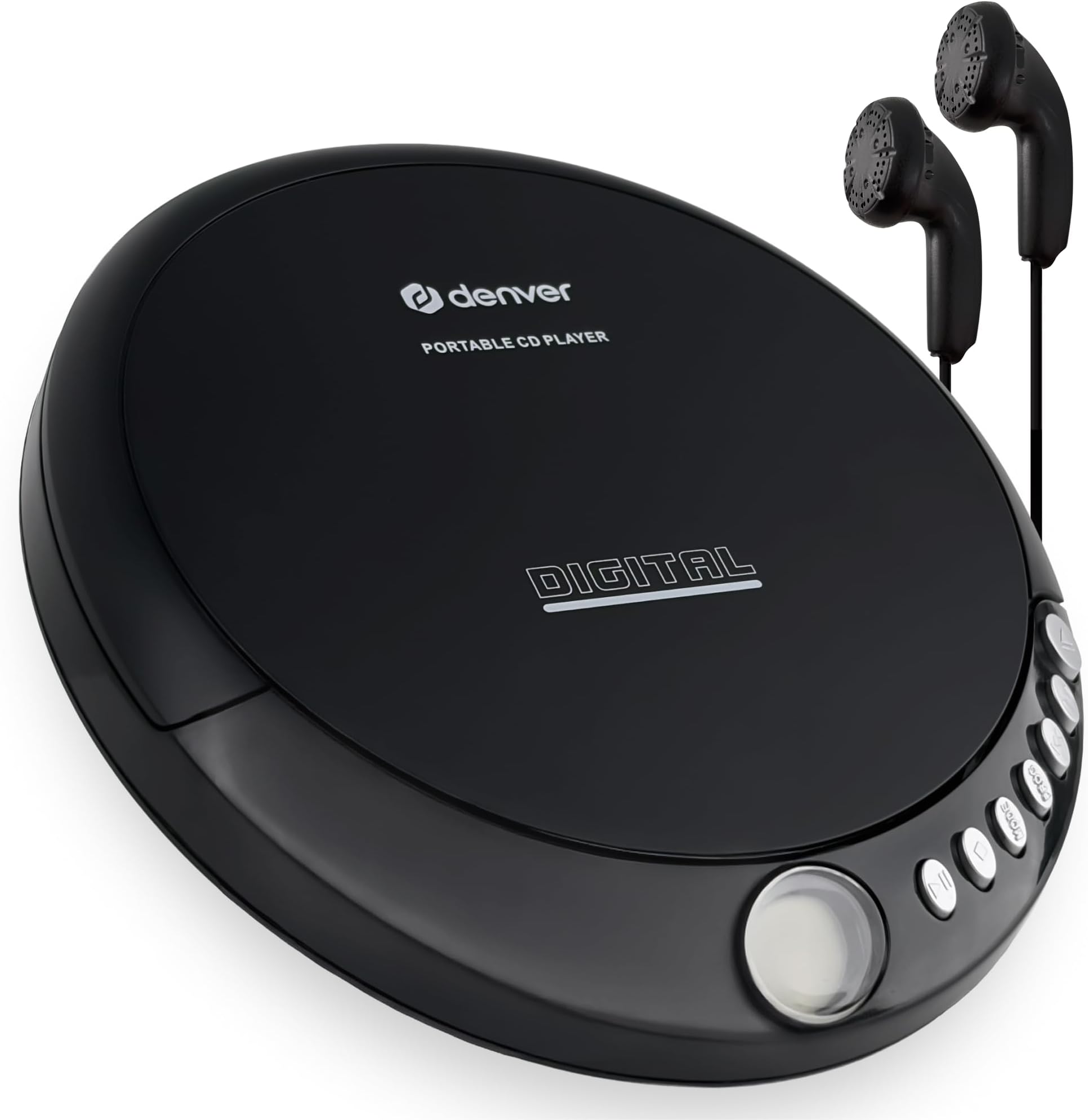 Denver DM-24 Black Portable CD Player with Earphones, 3.5mm Jack, Compatible with Headphone, Speaker, Car Stereo