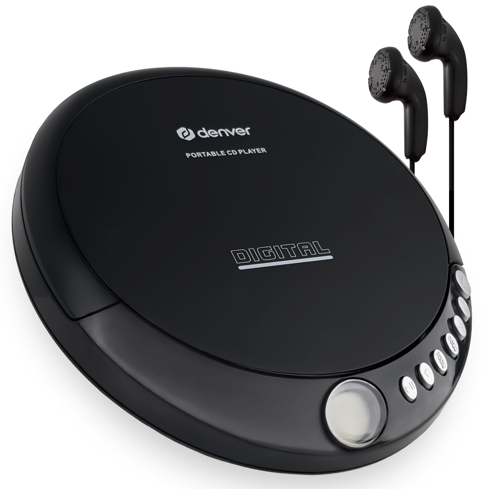 Denver DM-24 Black Portable CD Player with Earphones, 3.5mm Jack, Compatible with Headphone, Speaker, Car Stereo