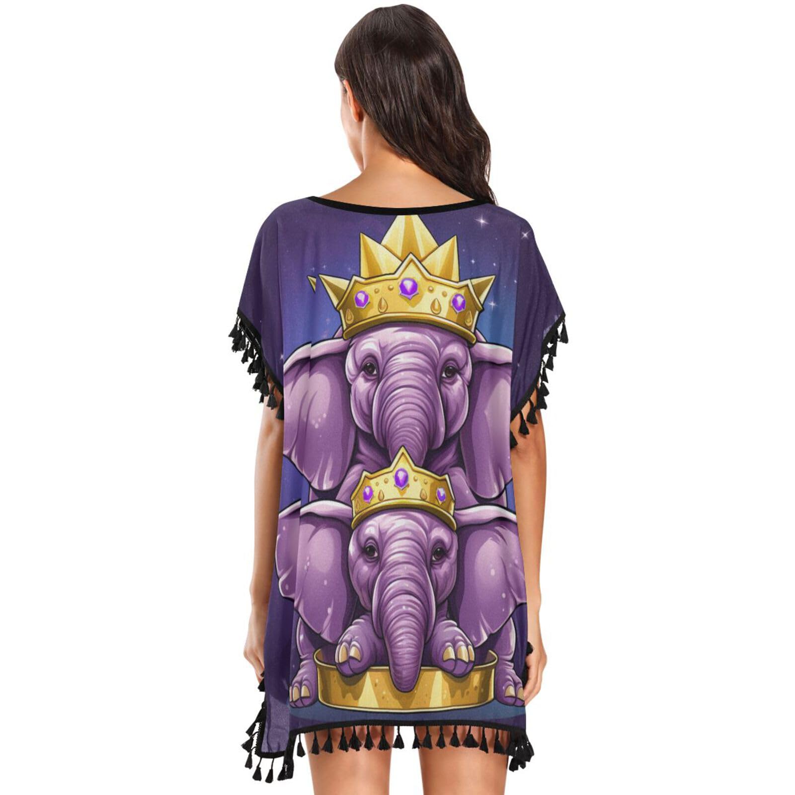 Doodle Art Cute Purple Elephant Women's Beach Cover Up Chiffon Tassel Swimwear Swimsuit Coverups for Girl