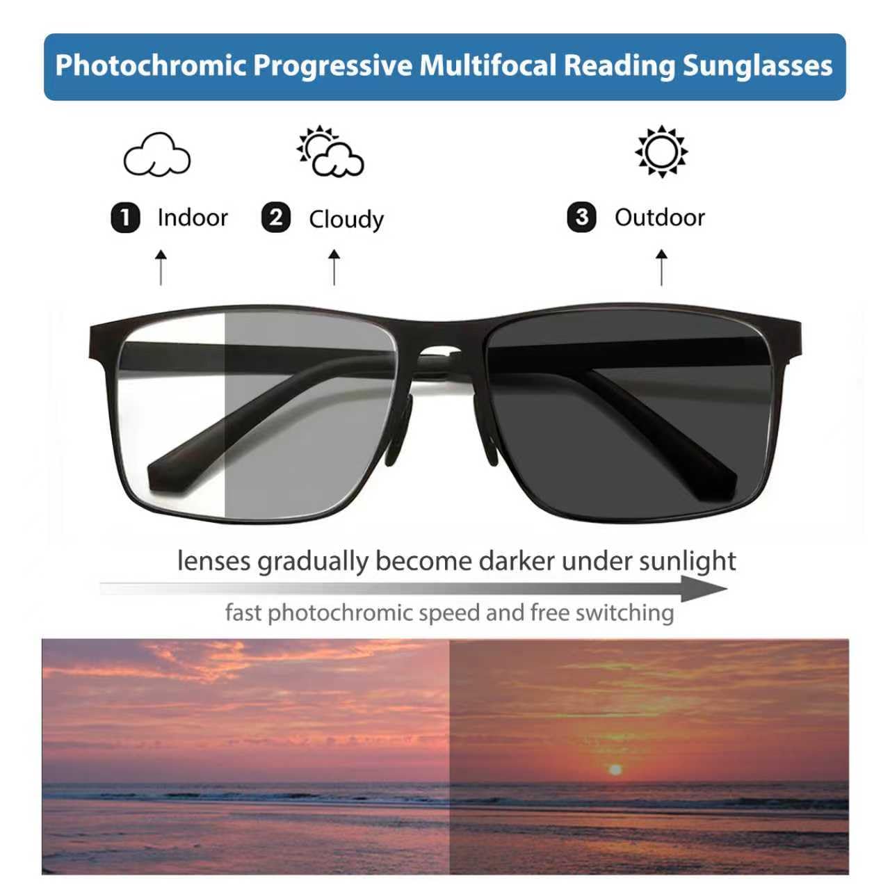 Gafas de lectura progresivas multifocales de metal para hombres, lectores progresivos, transición, bloqueo de luz azul, UV400