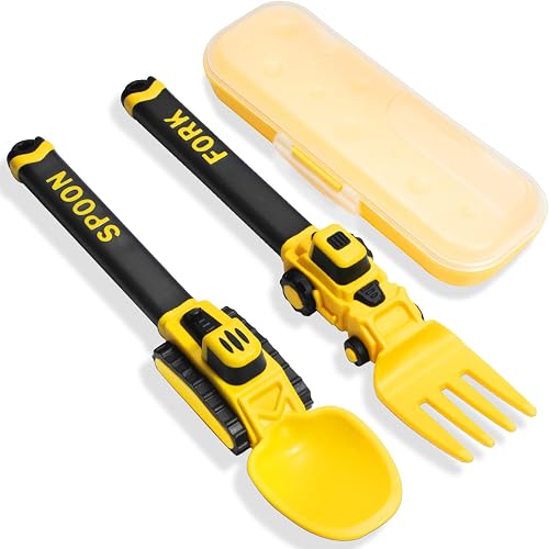 Construction Toddler Cutlery Set - Digger Baby Cutlery Set - Suitable for Kids Forks and Spoon - Portable Forks and Spoon for Kids, Christmas Birthday Gift for 1-5 Year Old Toddlers - Yellow
