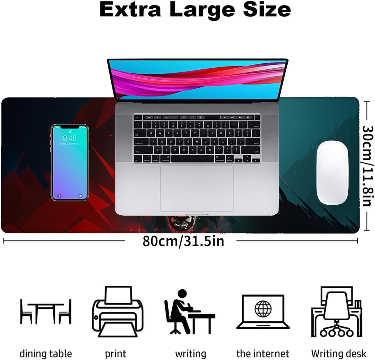 Fierce Wolf Gaming Mouse Pad, Office Desk Mat, Anti-Slip Rubber Base Cool Aesthetic Mouse Pads for Computer Laptop Keyboard School Home Desktop Gamer Home Accessories Decor 31.5" x 11.8"