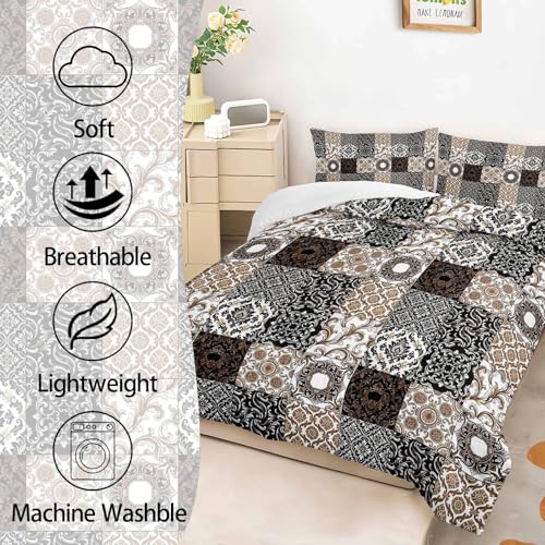Image of AILONEN Brown Black Patchwork Comforter Set Full Size, Vintage Geometric Boho Bedding with 2 Pillowcases, Soft Microfiber