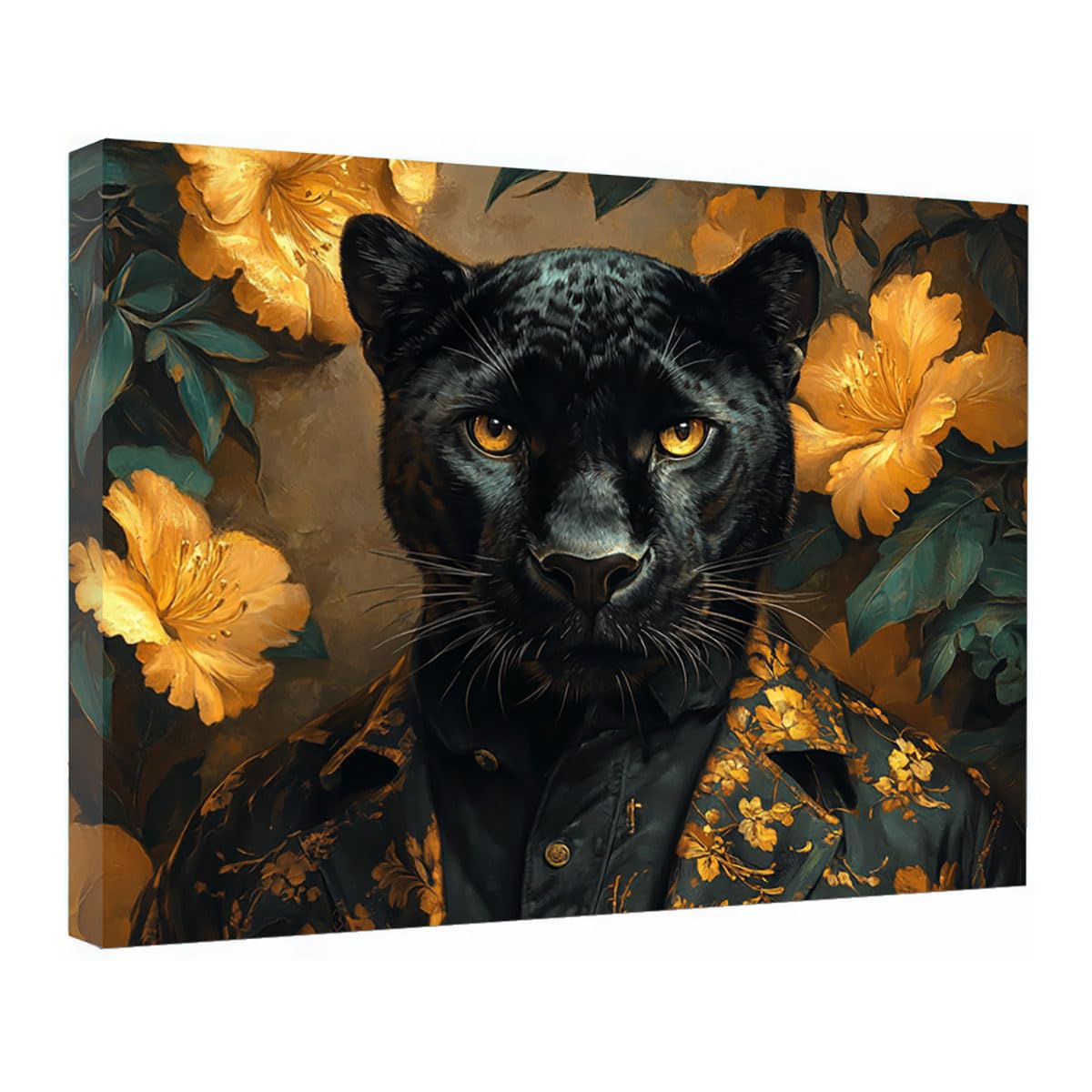 TZKRWRH Leopard Wall Art Print Home Decor, Cheetah Jungle Poster Black Panther Golden Foliage Minimal Animal Prints Modern Paintings Maximalist Decoration(Gold 90)-50x75cm Framed