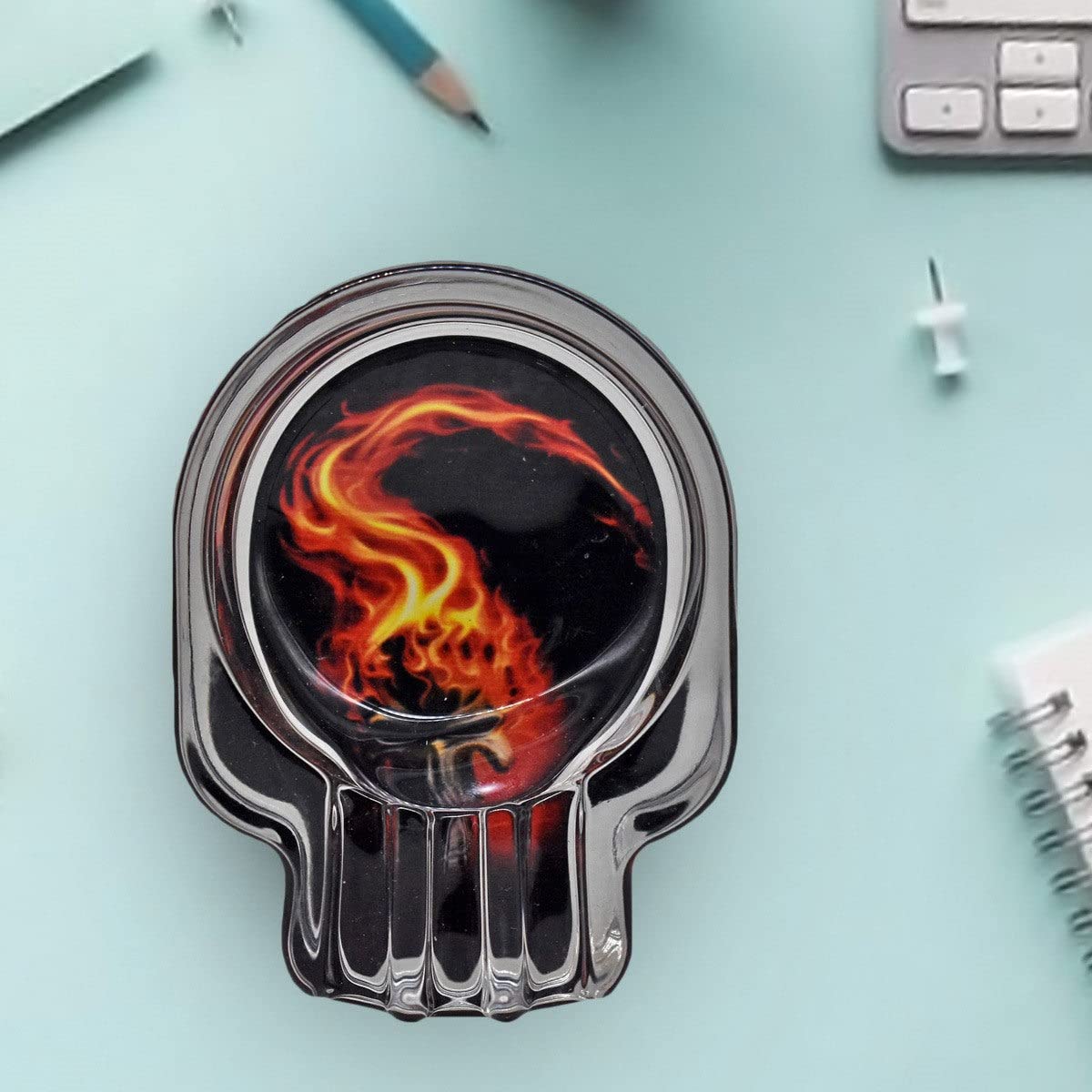 Glass Ashtray for Outdoor Indoor Transparent Modern Home Decor Tabletop Ash Tray for Smokers, Fire Monster Skull (Diemeter: 6cm)