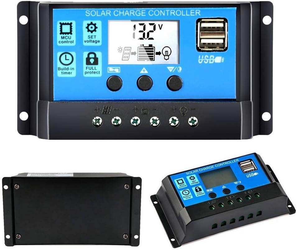 Solar Charge Controller 20A 12V/24V PWM Auto Paremeter Adjustable LCD Display with Dual USB Load Timer Setting ON/Off Hours Solar Regulator