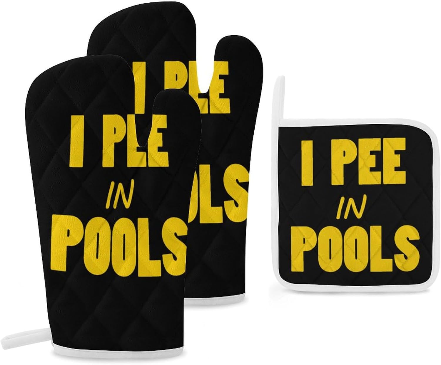 I Pee in Pools Print Oven Mitts and Pot Holders 3 Piece Sets Heat Resistant Gloves Hot Pads Potholders for Kitchen Baking Cooking