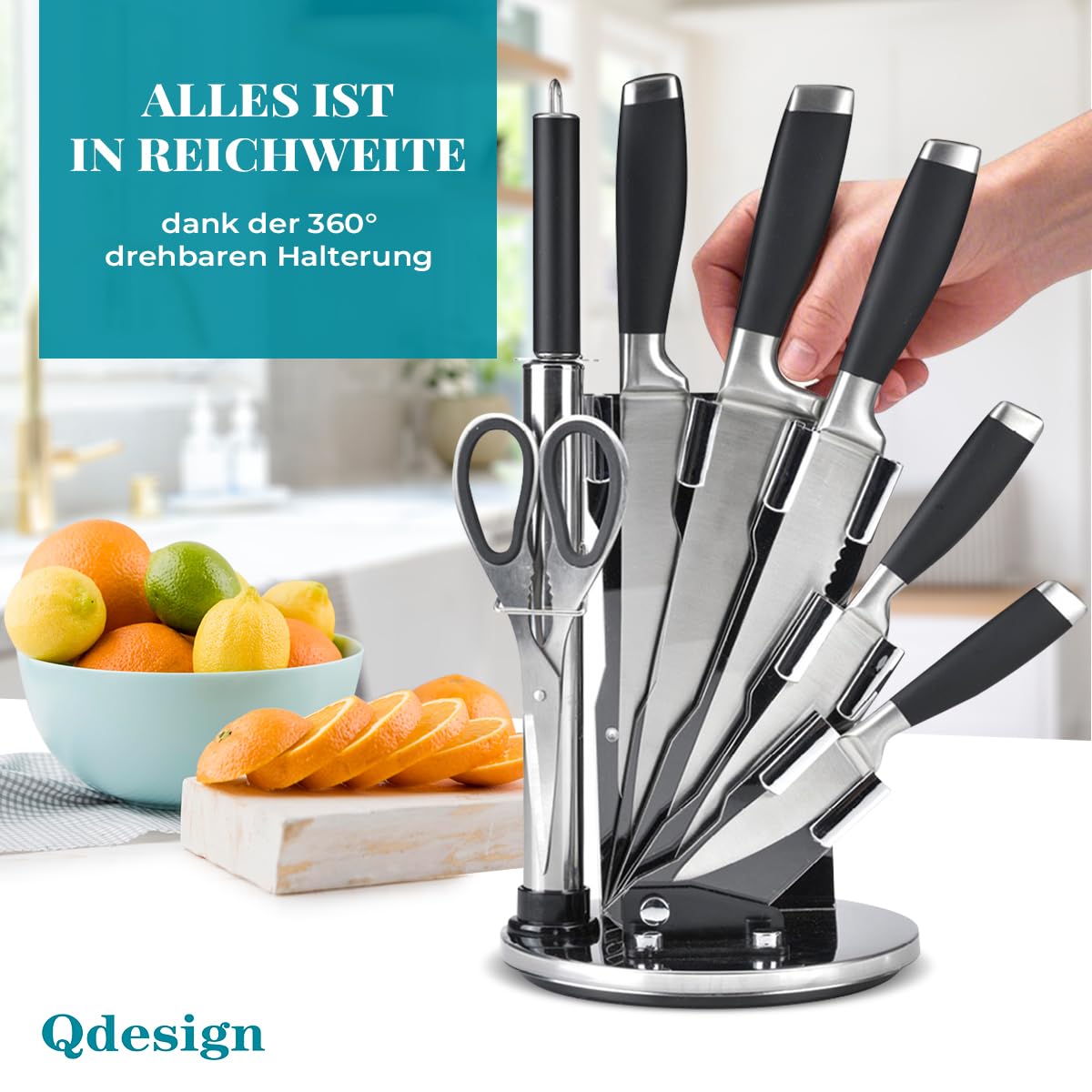 QDESIGN 360° drehbarer Messerhalter aus Acryl + 7 Küchenhelfer-Set – Klingen aus 3CR14-Edelstahl + Soft-Touch-Griffe – 5 Messer + Schere + Basisblock + Wetzstahl – Schwarz/Silber