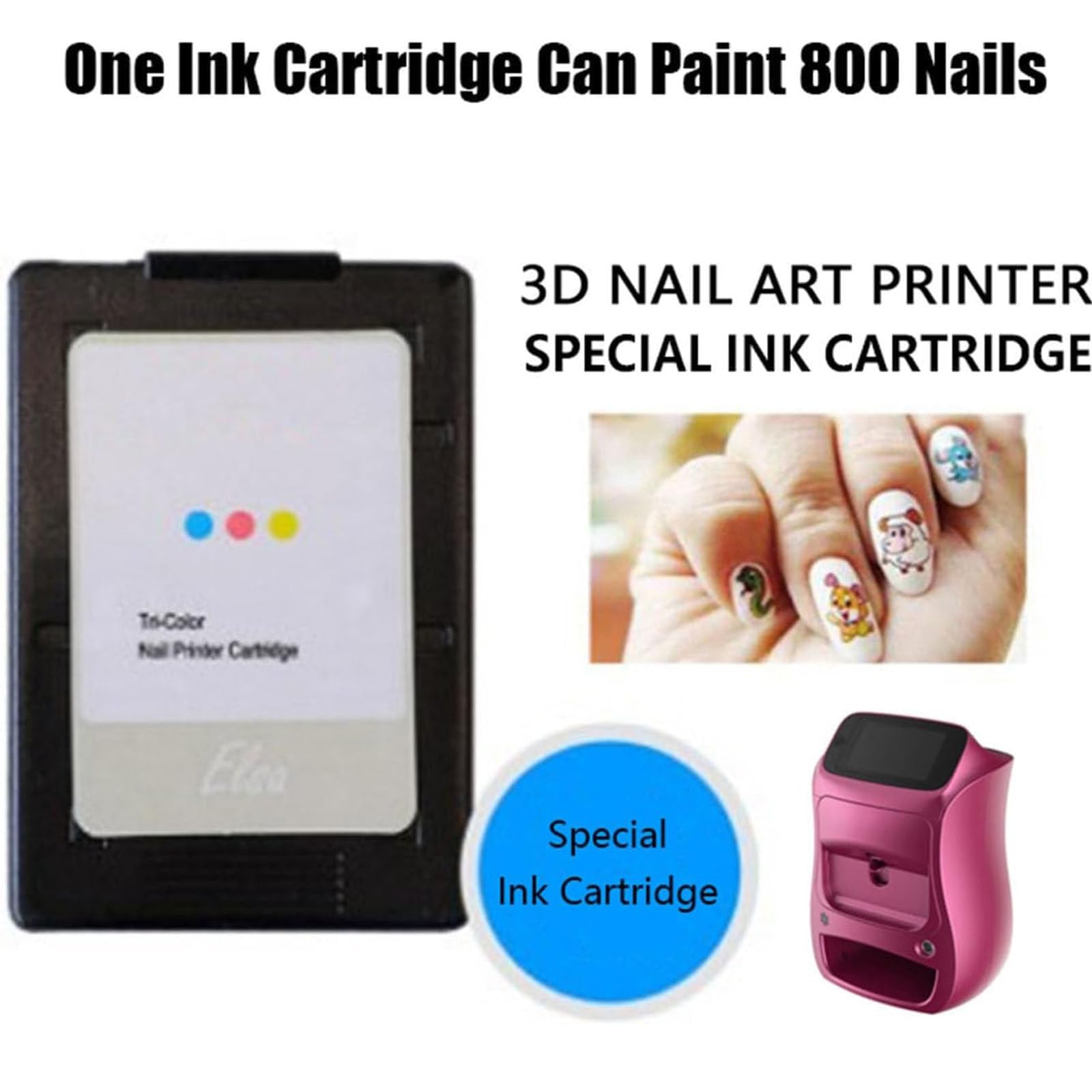 Zamienny wkład z tuszem do drukarki do paznokci i 3D kolorowy wkład z tuszem, zapewnia malowanie HD na 800 paznokci, niezbędny dla hobbystów nail artu
