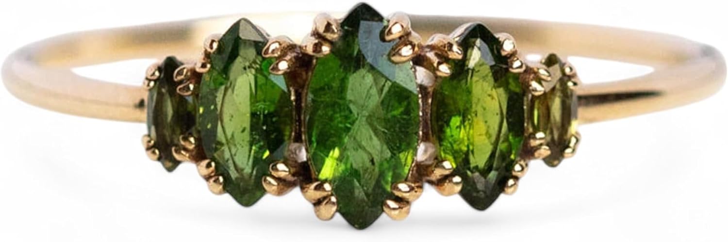 Vintage Green Tourmaline Engagement Ring 10K Yellow Gold Vermeil October Birthstone Stacking Promise Ring Handmade Gift for Her
