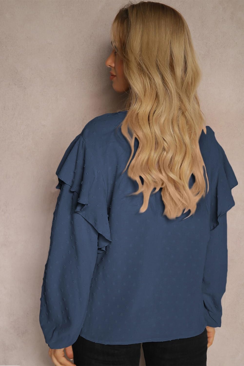 AlvaQ Women Plus Size Tops Crewneck Ruffle Long Sleeve Shirts Casual Lace Swiss Dot Chiffon Blouses L-4X - Image 6