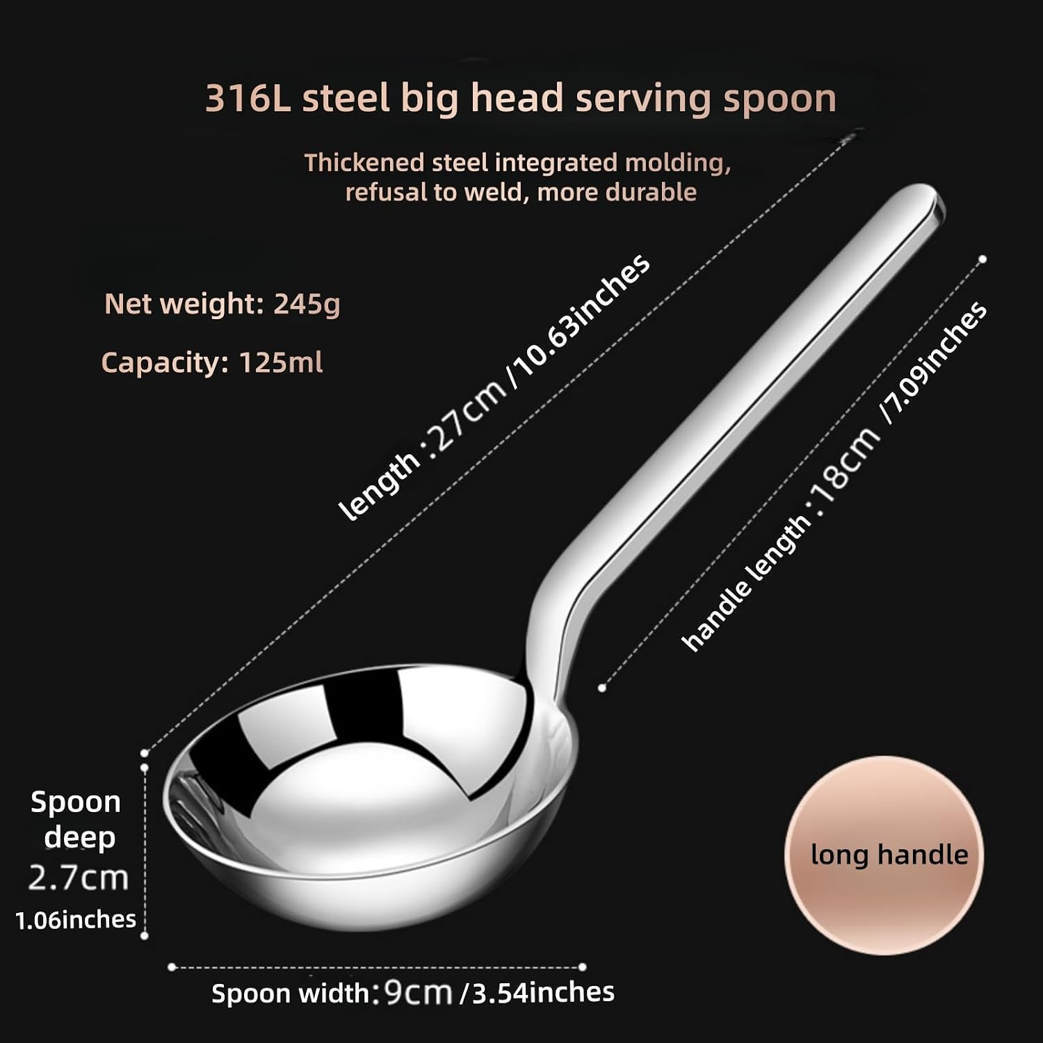 316 Stainless Steel Long-Handle Soup Ladle, 125ml Large Round Head, Mirror Polished Heavy-Duty Kitchen Serving Spoon for Soups, Noodles & Stews,Heat-Resistant Easy to Clean,(2-Piece)