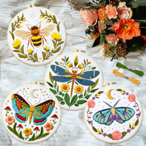 Image of INFUNLY 4 Sets DIY Insect Pattern Embroidery Kits for Starter 11.8 inchx11.8 inch Flowers Plants Embroidery Hoop kit Handmade Bees Embroidery Kits Moth Needlepoint Kit with Instruction for Adults Beginners