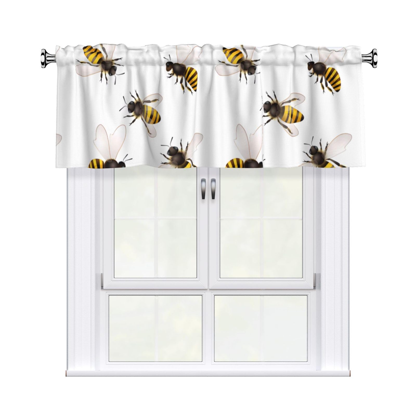 WHJSHOP Honey Bee Prints Curtain Valance 54x18 Inch - Peach Skin Window Layer with Delicate Print, Filtered Light for Kitchen Use