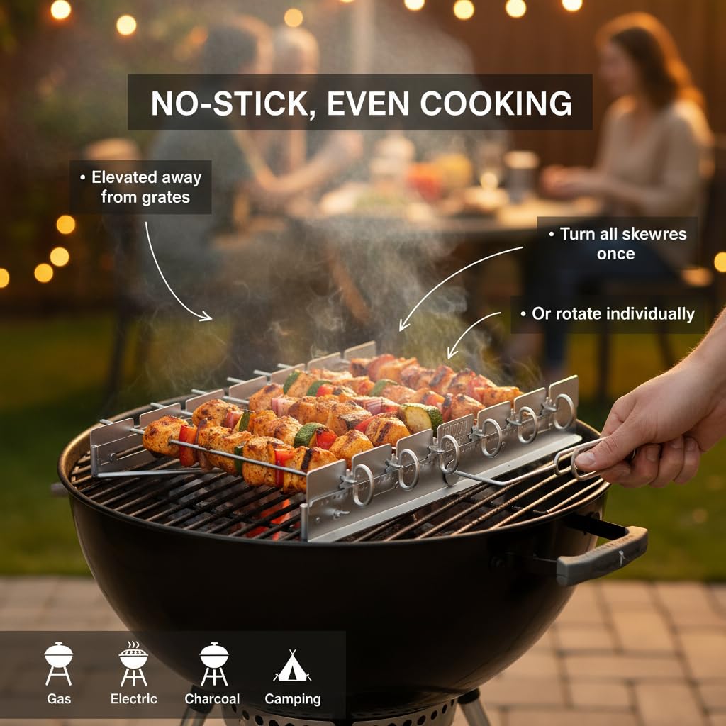 Yukon Glory Stojak na grilla BBQ Kabob | Obrotowe szaszłyki do kebaba | Metalowe szpikulce do grillowania | Składany uchwyt na szaszłyki ze stali nierdzewnej | Akcesoria do grillowania | Sześć