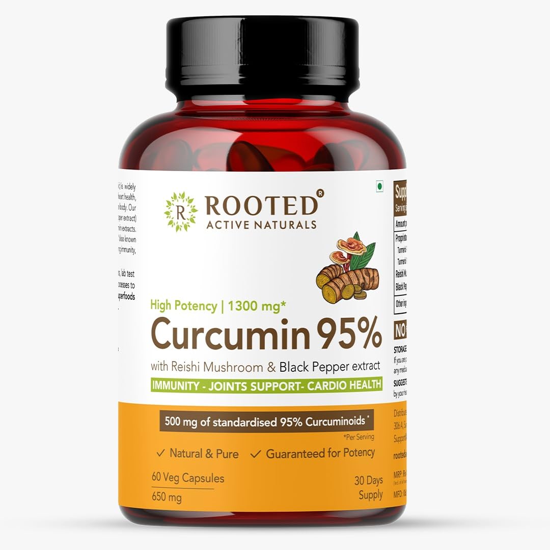 Rooted Actives Curcumin Capsules (95%) Reishi & Black Pepper Extract (For Better Absorbtion) 1300Mg | For Immunity, Joints Cardio Health | 60 Veg Capsules, 650 Mg Each (B09HPX42QY) Amazon Price History, Amazon Price Tracker