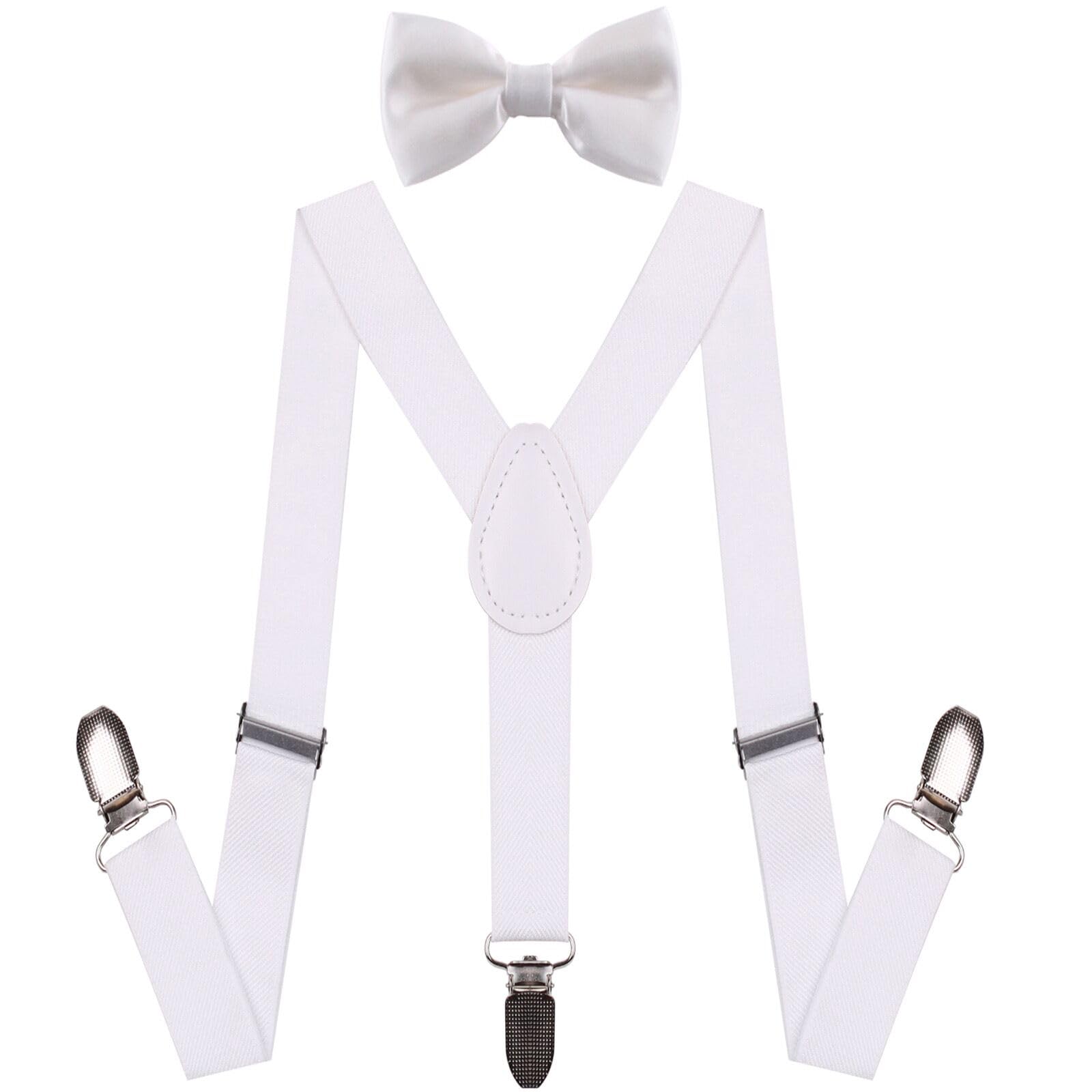 Wannge Boys Sets - Suspender & Bow Tie - White Child Kids Suspenders - 1" Adjustable Y-Back Suspender And Bowtie For & Girls - White
