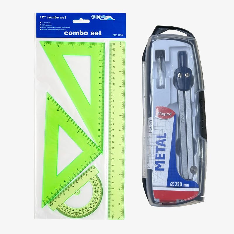 Pack Lote 4Pcs escuadra cartabon reglas verdes y transportador de angulos - Set dibujo técnico + Compás Bigotera REGALO - Regla 30 cm con estuche