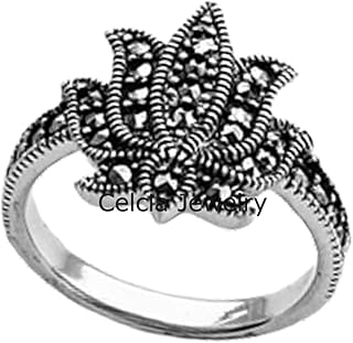 Solid 925 Sterling Silver Marcasite Lotus Ring, Floral Ring, Flower Ring, Unique Handmade Womens Jewelry, Statement Ring, Bohemian Boho Ring, Metaphysical Mothers Day Ring