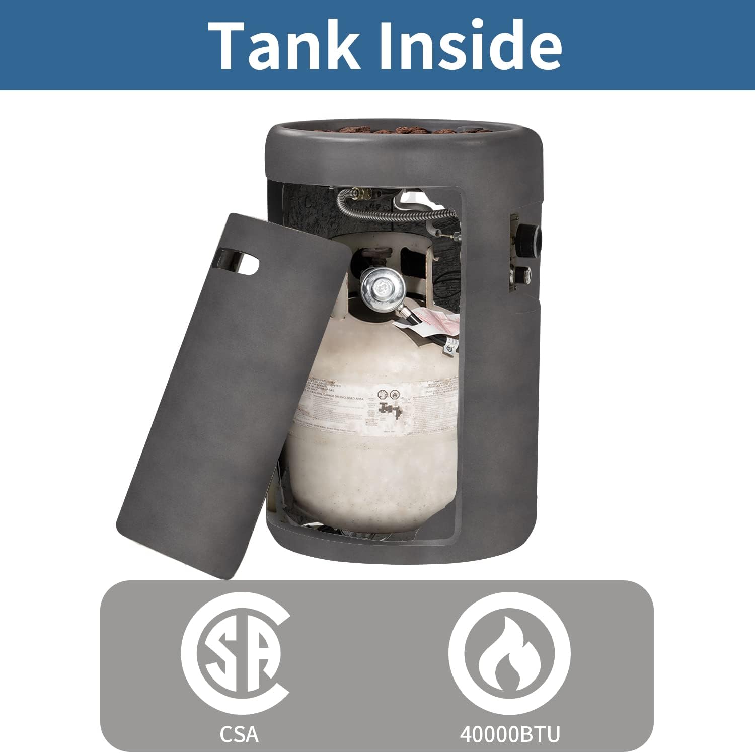 Stone-Like Fire Pit Table with Glass Wind Guard, Waterproof Cover - Outdoor Propane Fire Pit for Garden Lighting, 40000BTU's Small Column Firepit