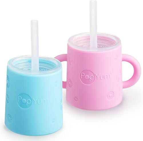 Miniatura 10 de PopYum Vaso de entrenamiento de silicona con tapa con pajilla, paquete de 2 para bebé, bebé y niño pequeño, vaso, sorbo, asas, 5 onzas (morado,