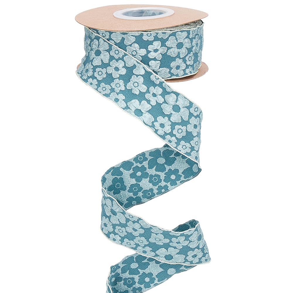 GORGECRAFT 9m*38mm Chiffon Flower Ribbon Fabric Floral Ribbon Wired Floral Double Chiffon Ruffled Edge Flower Polyester Ruffle Lace Trim for Bouquet Presents Packing Hair Crafts Bow Card, Cadet Blue