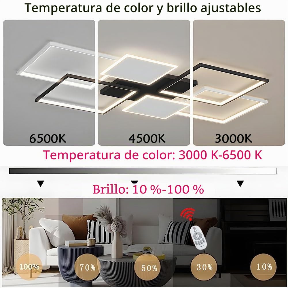 LIUYU Lámpara led de techo salón regulable 90x60cm negro-blanco 75W | Lámpara techo con mando a distancia, 6400lm, diseño rectangular, memoria 3000-6500K, luz de techo salón cocina dormitorio